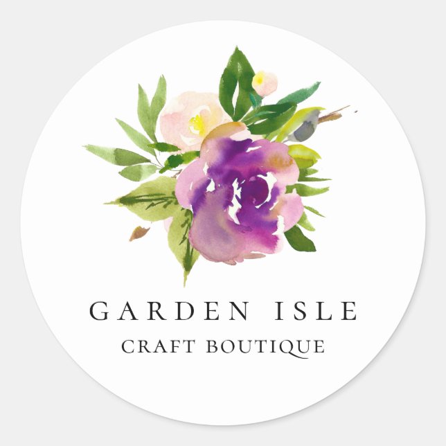 Elegant Watercolor Purple Floral Classic Round Sticker (Front)