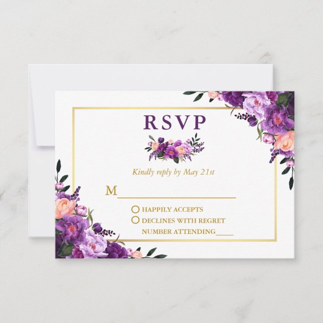 Elegant Watercolor Purple Floral Gold Wedding RSVP Card (Front)