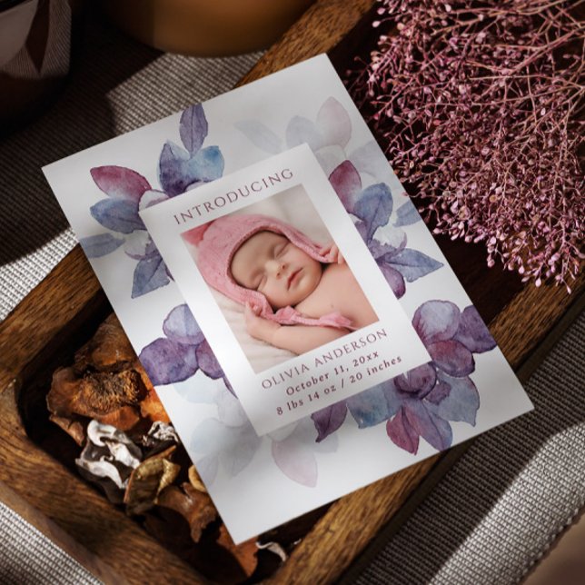 Elegant watercolor purple floral leaves birth announcement (Creator Uploaded)