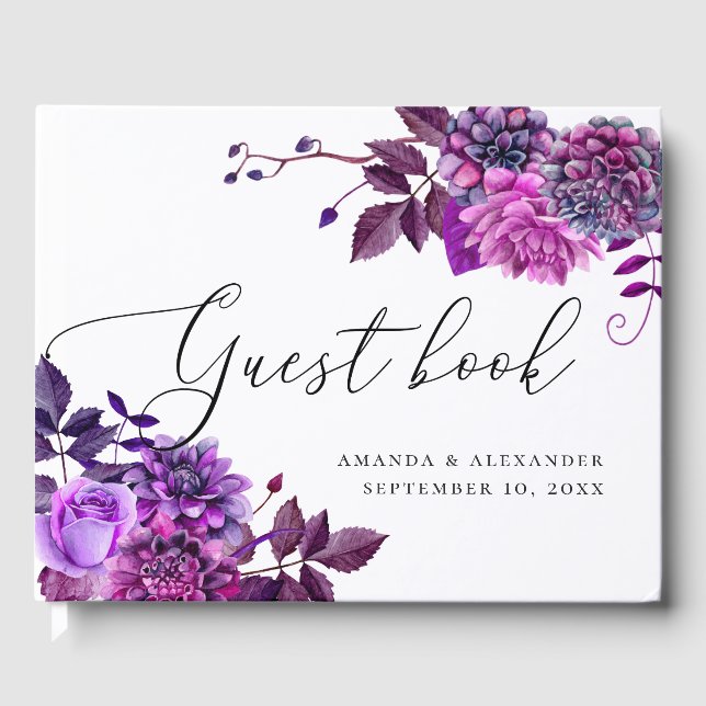 Elegant watercolor purple floral script wedding guest book (Front)