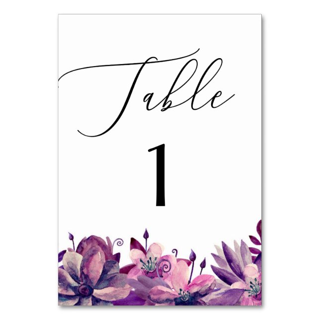 Elegant watercolor purple floral script wedding table number (Front)