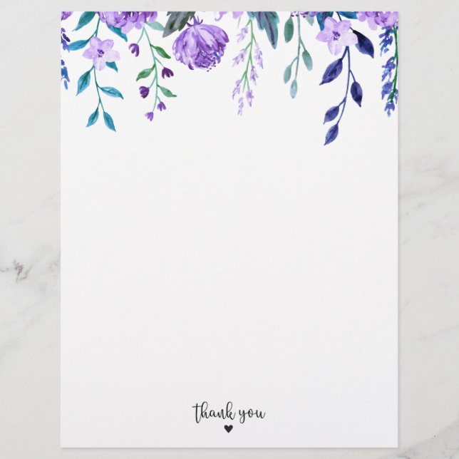 Elegant Watercolor Purple Floral Thank You  Custom Letterhead (Front)