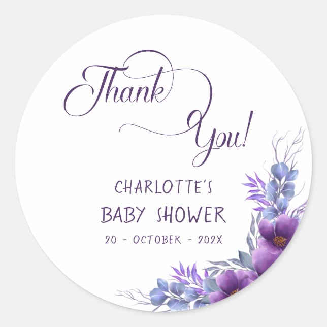 Elegant Watercolor Purple Flower Baby Shower Classic Round Sticker (Front)