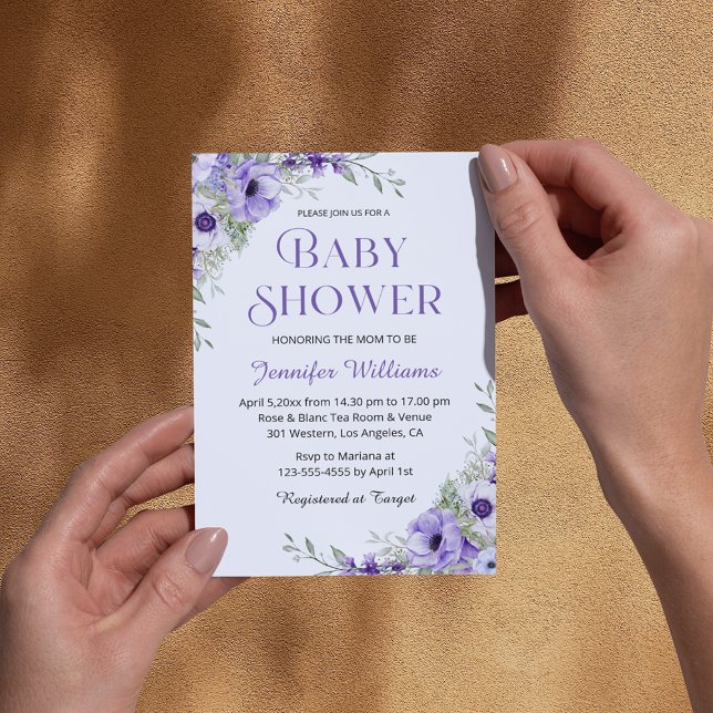 elegant watercolor purple flowers chic baby shower invitation (Creator Uploaded)