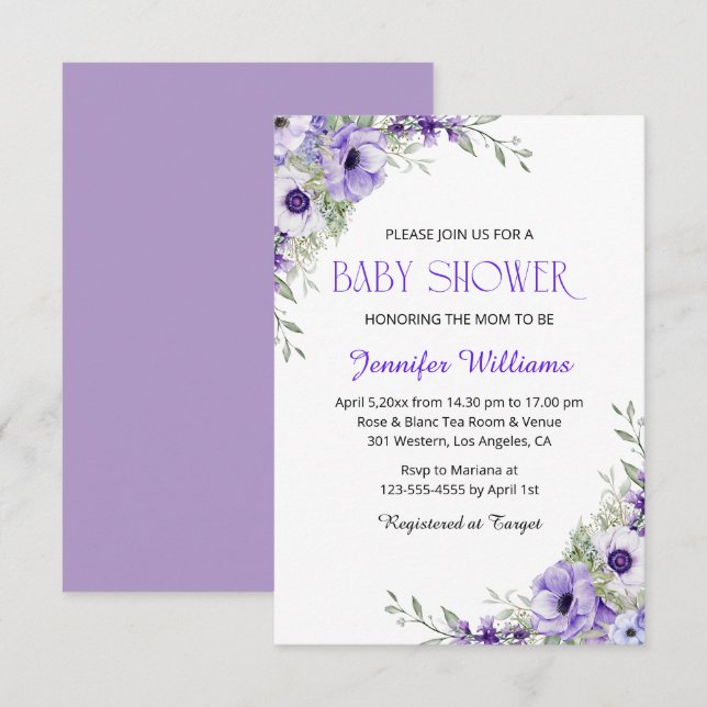 elegant watercolor purple flowers girl baby shower invitation (Front/Back)