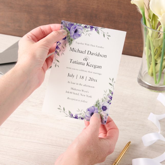 elegant watercolor purple flowers wedding  vellum invitations (Handheld)