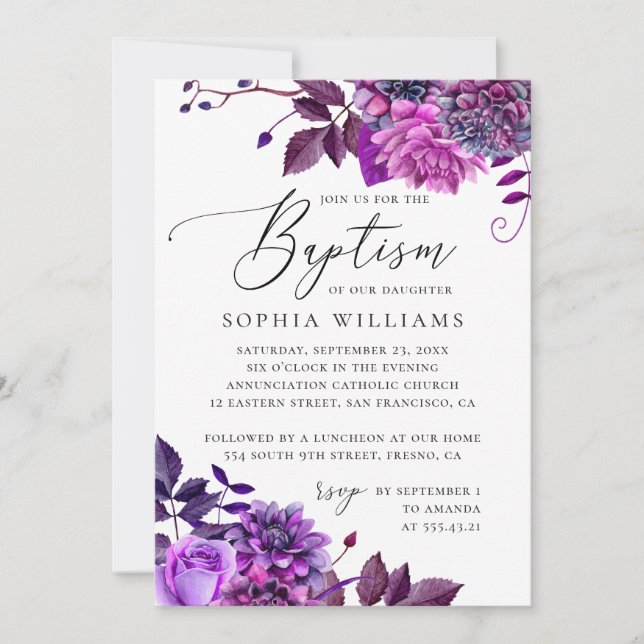 Elegant watercolor purple garden floral baptism invitation (Front)