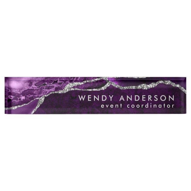 Elegant Watercolor Purple Silver Glitter Agate Nameplate (Front)