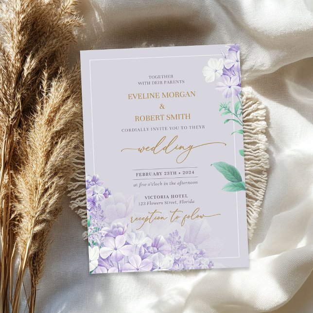 Elegant watercolor purple spring lilac flower gold invitation (Elegant watercolor purple spring lilac flower gold invitation)