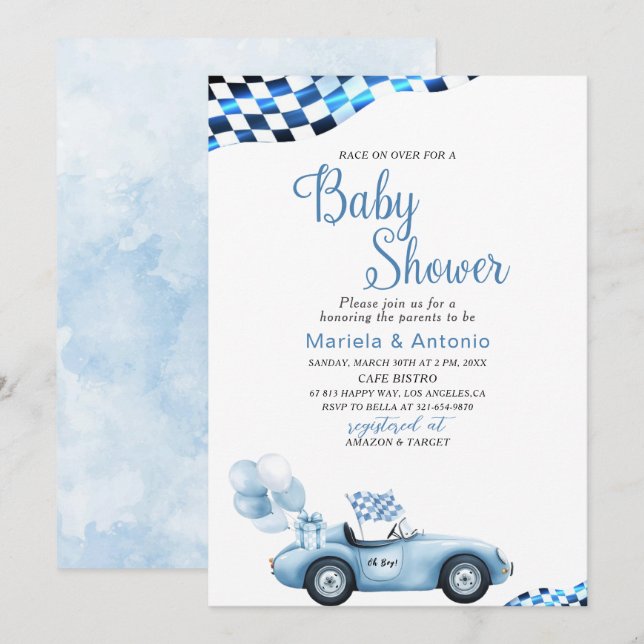 Elegant  Watercolor Race Car Baby Shower Invitation (Front/Back)