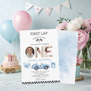 Elegant Watercolor Race Car first Birthday Party Invitation