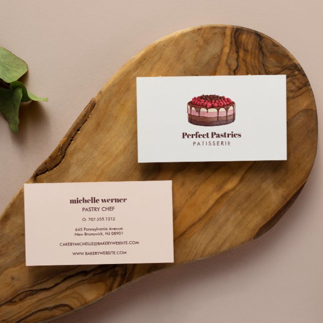 Elegant watercolor raspberry cake patisserie business card (Creator Uploaded)