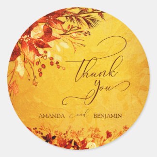 Elegant Watercolor Red and Gold Poinsettia Wedding Classic Round Sticker