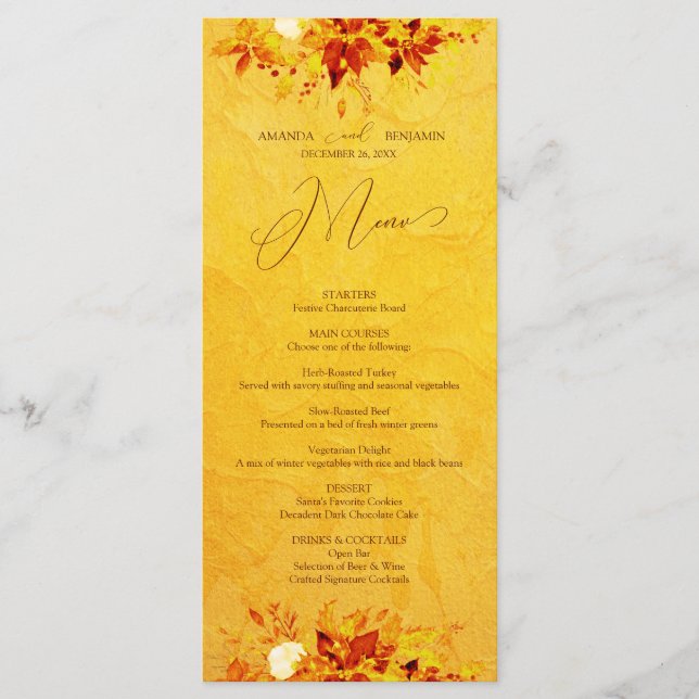 Elegant Watercolor Red and Gold Poinsettia Wedding Menu (Front)