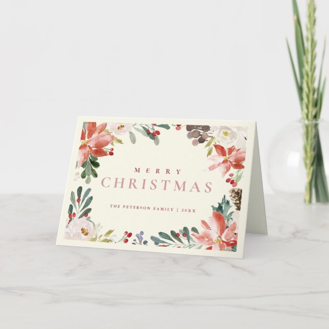 Elegant Watercolor Red Berry Poinsettia Non Photo Holiday Card (Front)