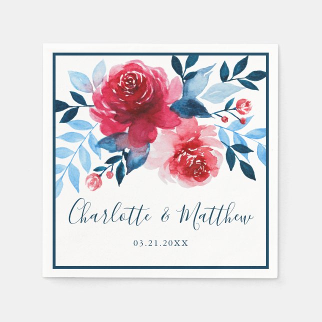 Elegant Watercolor Red Blue Floral Wedding Napkin (Front)