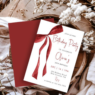 Elegant Watercolor Red Bow adult Birthday Party Invitation