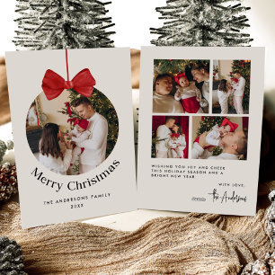 Elegant Watercolor Red Bow Christmas Five Photo Holiday Card