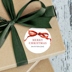 Elegant Watercolor Red Bow Christmas Holiday Classic Round Sticker