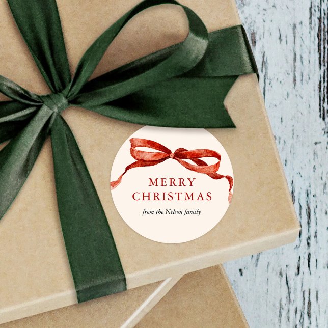 Elegant Watercolor Red Bow Christmas Holiday Classic Round Sticker (Creator Uploaded)