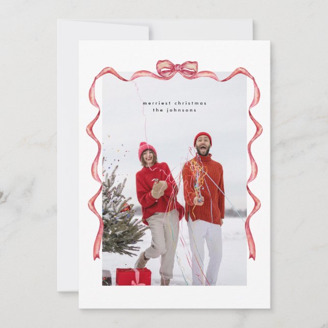 Elegant watercolor red bow Christmas Photo Holiday Card (Front)