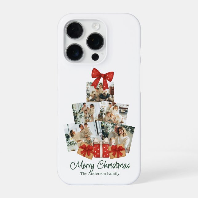 Elegant Watercolor Red Bow Family Christmas Tree iPhone Case (Back)