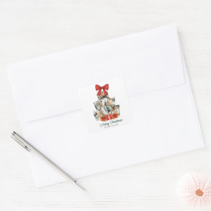 Elegant Watercolor Red Bow Family Christmas Tree Square Sticker