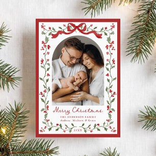 Elegant Watercolor Red Bow Holly Christmas Photo Holiday Card