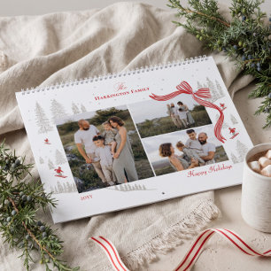 Elegant Watercolor Red Bow Nordic Christmas Photo Calendar