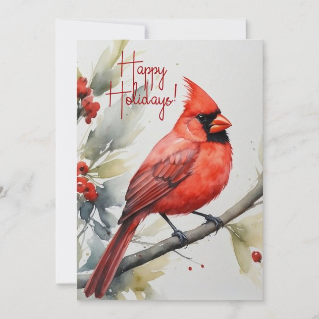 Elegant Watercolor Red Cardinal Holly Christmas Holiday Card (Front)