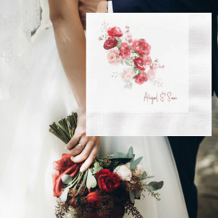 Elegant Watercolor Red Floral Wedding Cocktail Napkin
