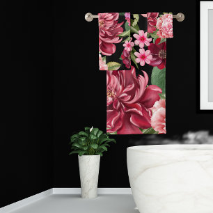Elegant Watercolor red flowers and greenery black Bath Towel Set