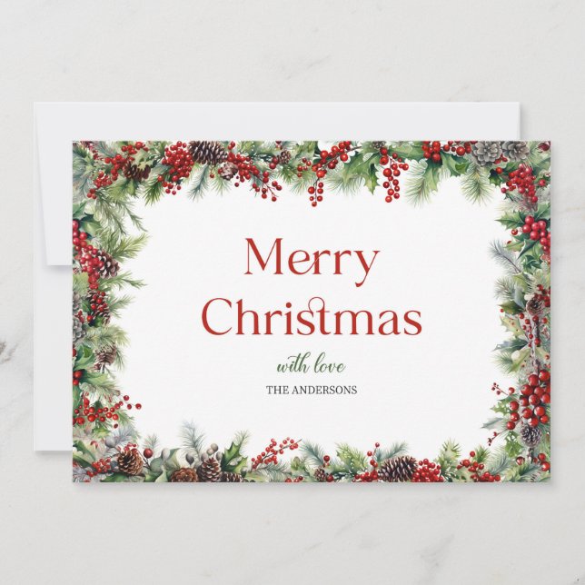 Elegant watercolor red holly berries and greenery holiday card (Front)