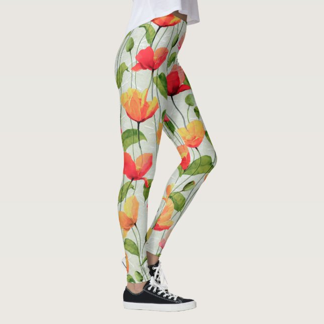 Elegant Watercolor Red Pink and Yellow Flowers | Leggings (Right)