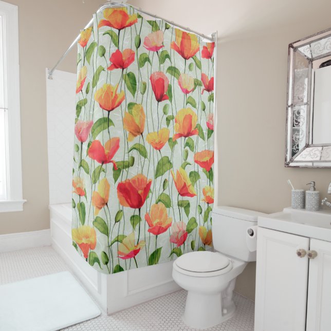 Elegant Watercolor Red Pink and Yellow Flowers | Shower Curtain (In Situ)