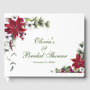 Elegant Watercolor Red Poinsettia Bridal Shower Guest Book