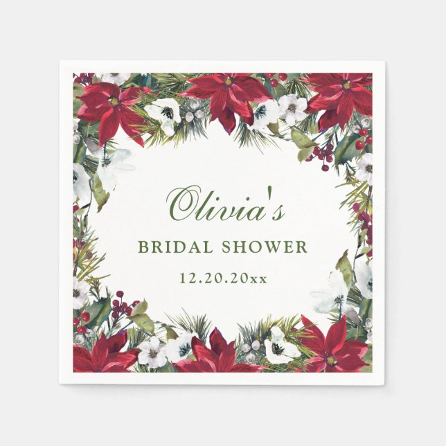 Elegant Watercolor Red Poinsettia BRIDAL SHOWER Napkin (Front)