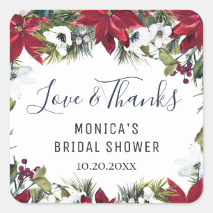Elegant Watercolor Red Poinsettia BRIDAL SHOWER Square Sticker