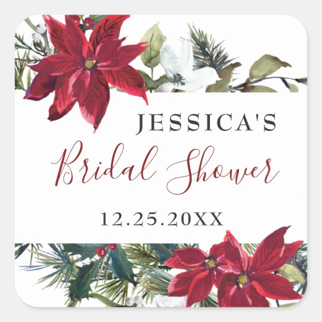 Elegant Watercolor Red Poinsettia BRIDAL SHOWER Square Sticker (Front)