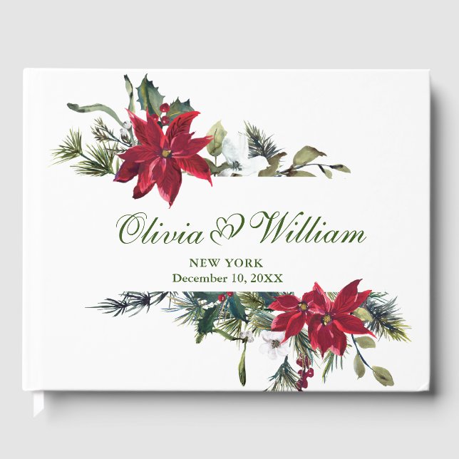 Elegant Watercolor Red Poinsettia Pine Fir Wedding Guest Book (Front)