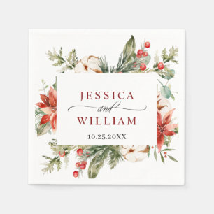 Elegant Watercolor Red Poinsettia Pine Fir Wedding Napkin