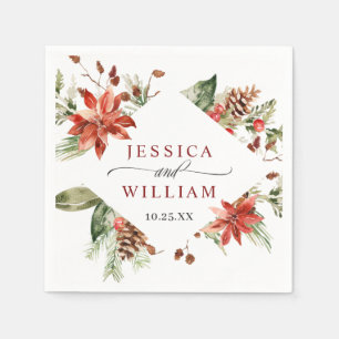 Elegant Watercolor Red Poinsettia Pine Fir Wedding Napkin
