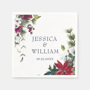 Elegant Watercolor Red Poinsettia Pine Fir Wedding Napkin