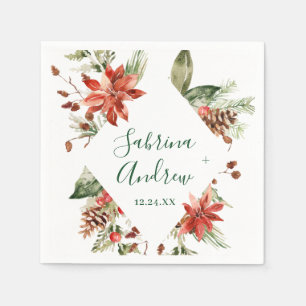 Elegant Watercolor Red Poinsettia Pine Fir Wedding Napkin