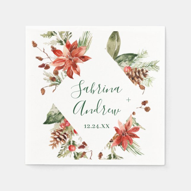 Elegant Watercolor Red Poinsettia Pine Fir Wedding Napkin (Front)