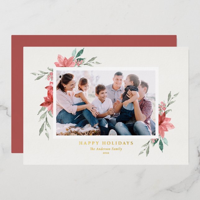 Elegant Watercolor Red Poinsettias Photo (Front/Back)