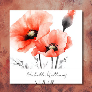 Elegant Watercolor Red Poppy Floral Square Business Card