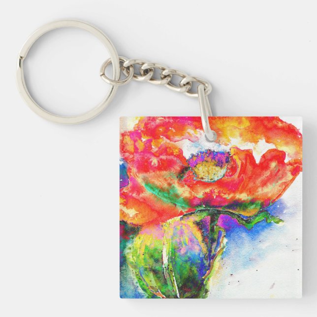 Elegant watercolor red poppy painting  key ring (Front)