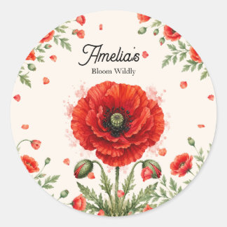Elegant Watercolor Red Poppy Symmetrical Monogram Classic Round Sticker