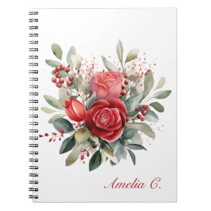 Elegant Watercolor Red Rose Bouquet White Notebook